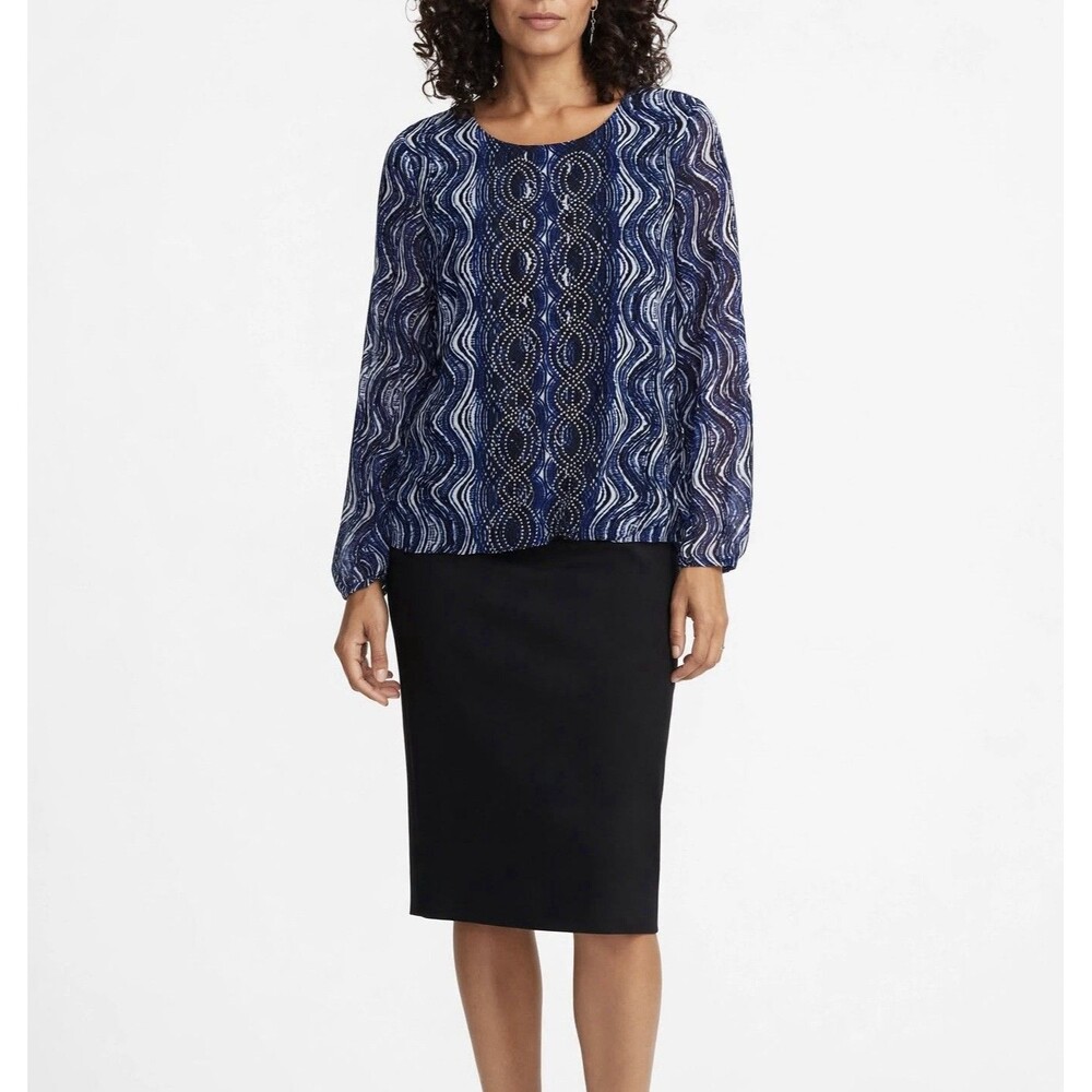 Womens Petites Embellished Blouse PS Blue Geometric Studded Long Sleeve
